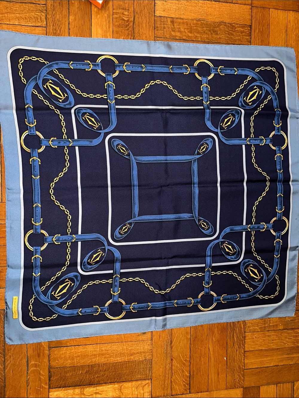 VINTAGE Must de Cartier Silk Scarf — Navy & Gold Equestrian Belt Motif